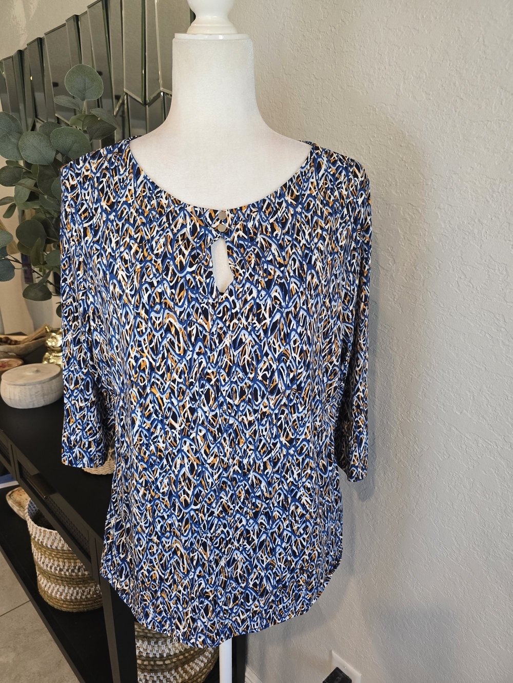 Hugo Boss Blue Patterned Keyhole Blouse with Gold Accents